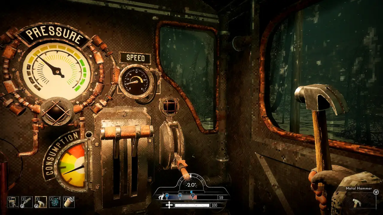 Train cab gauges labelled Pressure, Speed and Consumption, with a metal hammer in hand