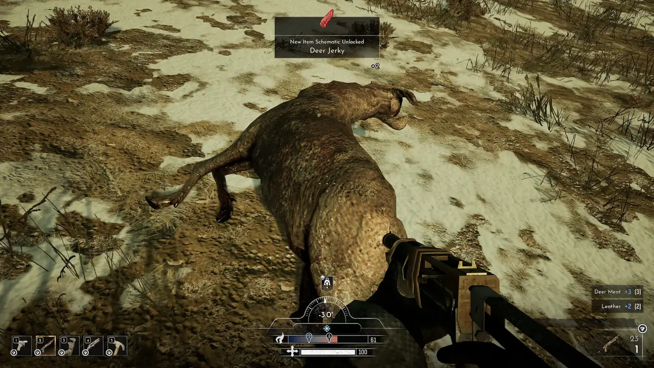A deer carcass in patchy snow with a Deer Jerky schematic unlock and meat and leather loot