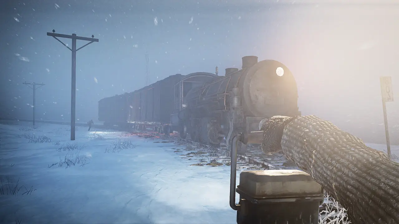 Steam locomotive in blue snow light, first-person view from the front of the train