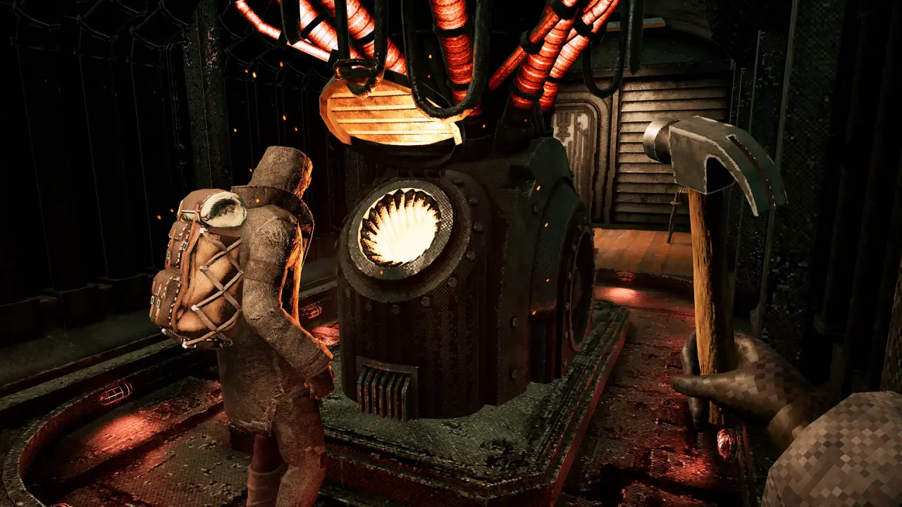 A glowing furnace inside a dark metal carriage, with a crew member and a hammer