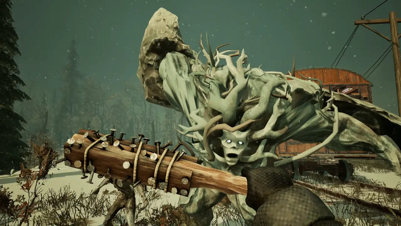 A large pale creature of ice and roots looming over a nailed wooden club beside a train car