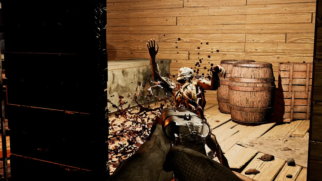 First-person view of a heavy tool striking a hostile figure inside a wooden room