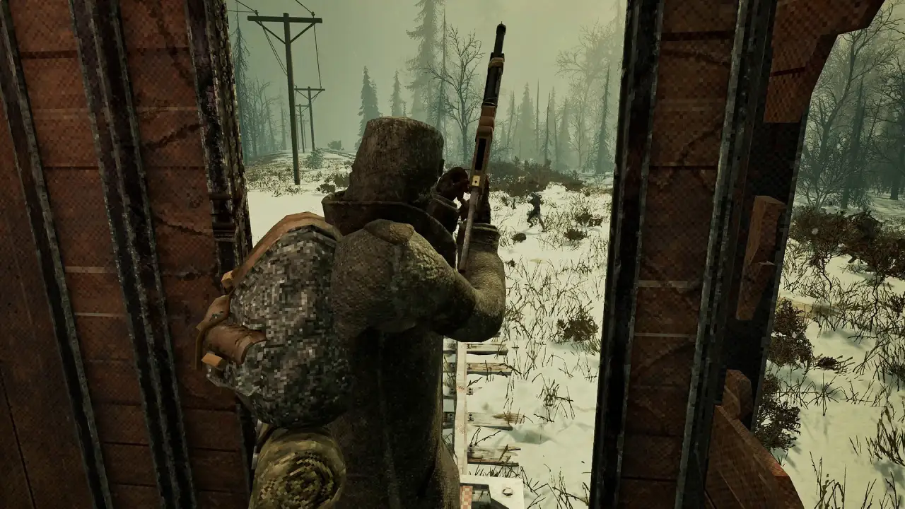 A bundled figure aiming a long gun out of an open train doorway into a snowy forest