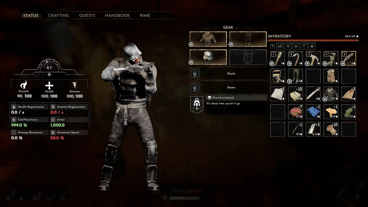 Character status screen with tabs Status, Crafting, Quests, Handbook and Rime